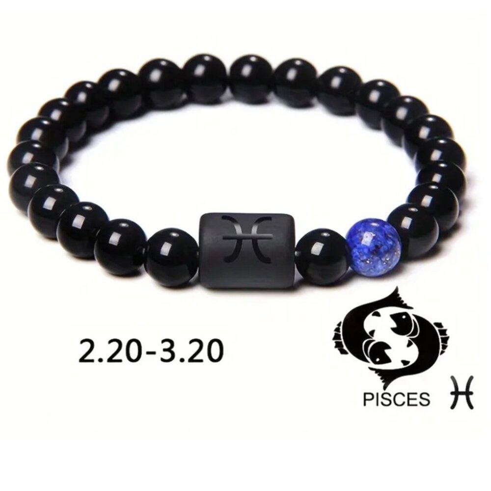 Pisces Zodiac Signs Charm Bracelet Natural 8mm Black Onyx Stone Beads